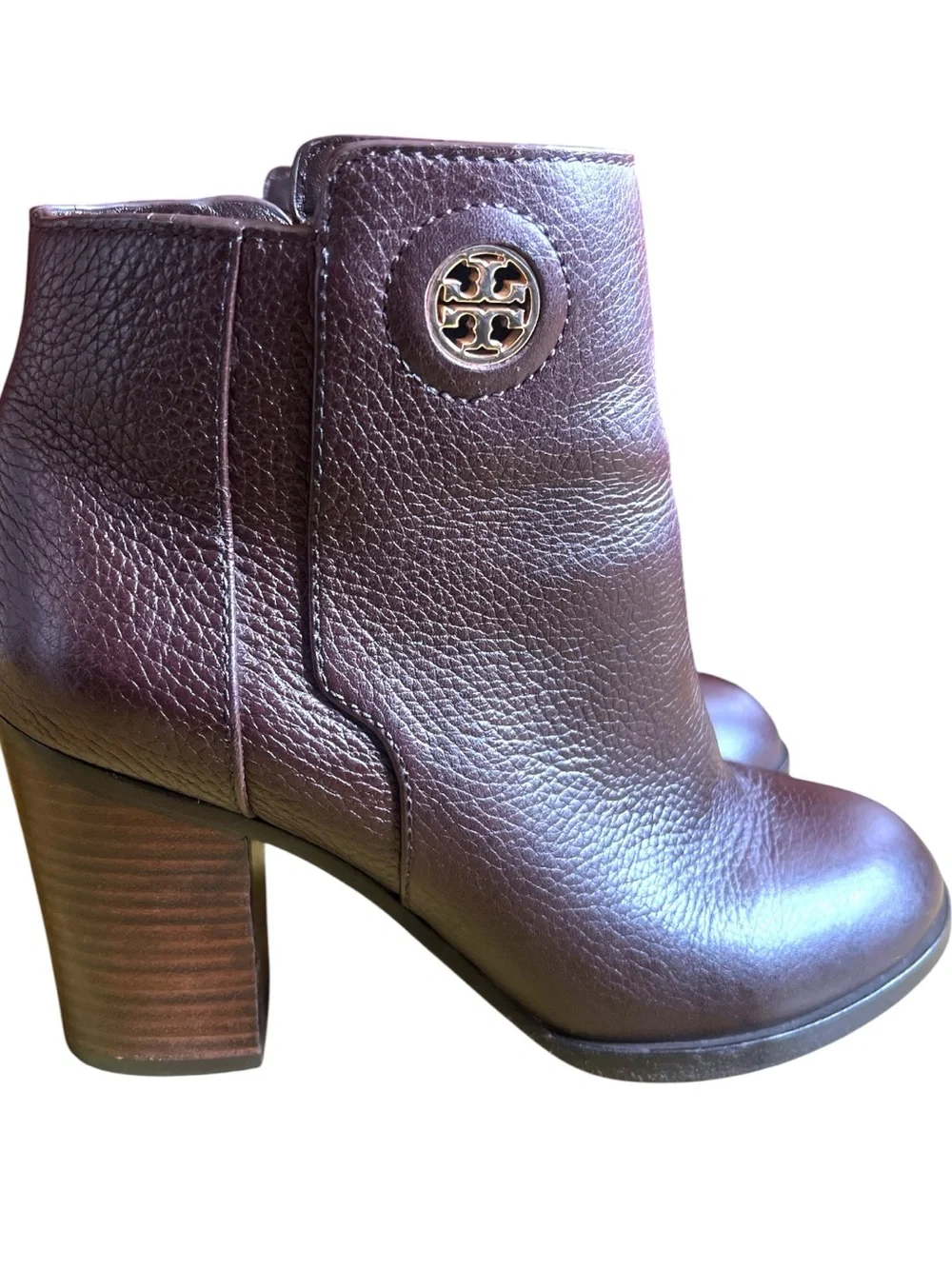 Tory Burch Brown Leather Ankle Booties Logo Block Heel Size 7M